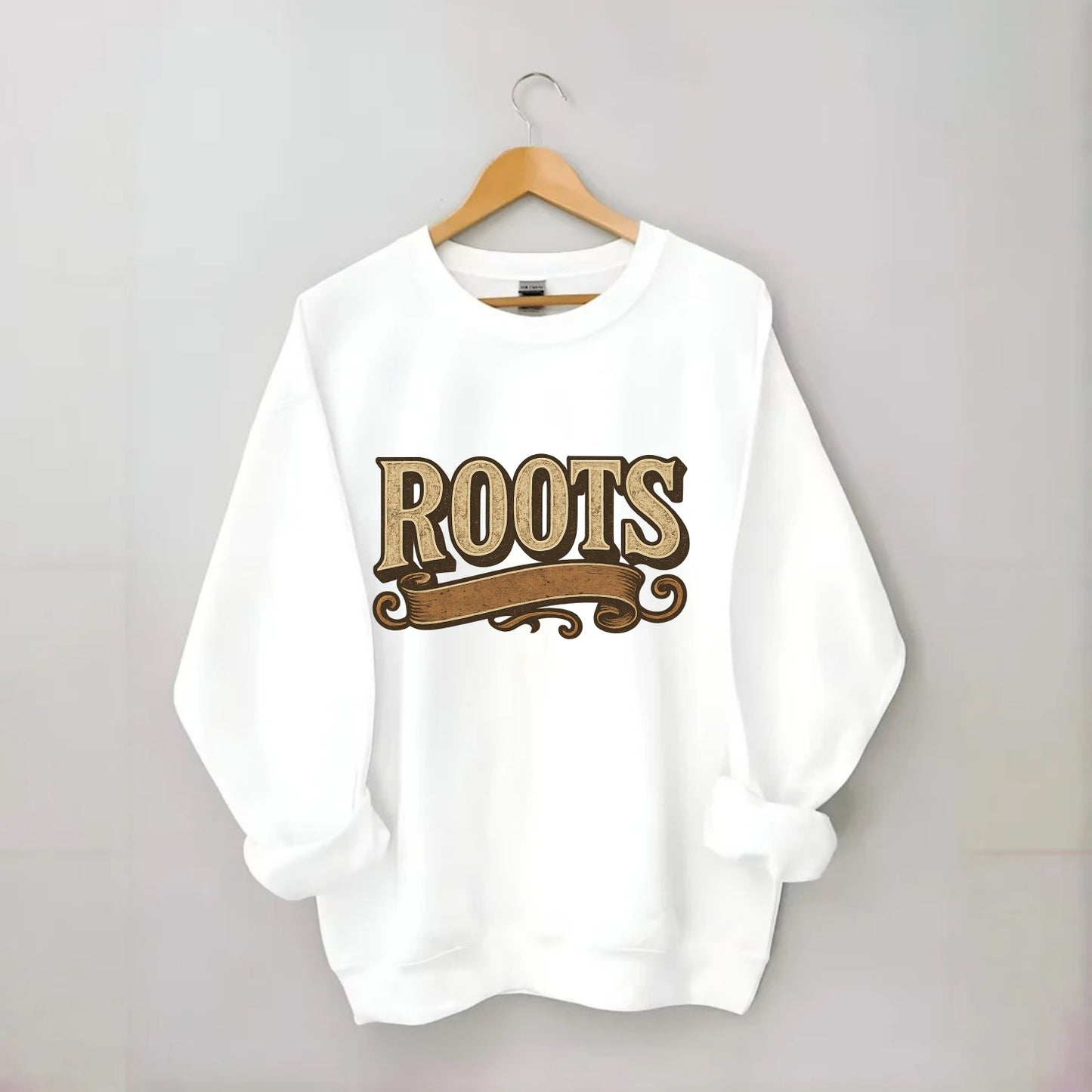 Bold typography design - "ROOTS" - where you come from, heritage - Crewneck Sweatshirt - white