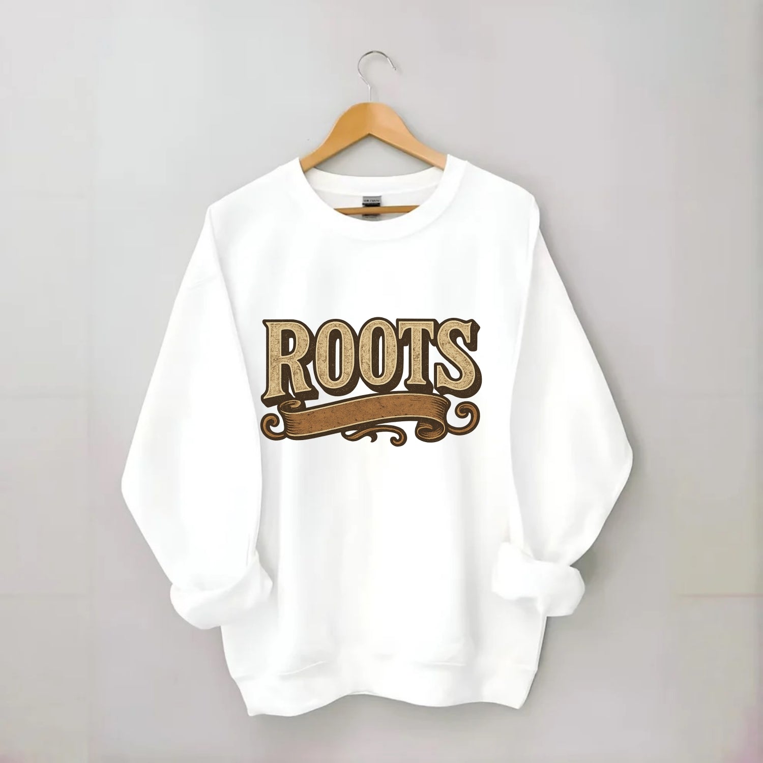 Bold typography design - "ROOTS" - where you come from, heritage - Crewneck Sweatshirt - white