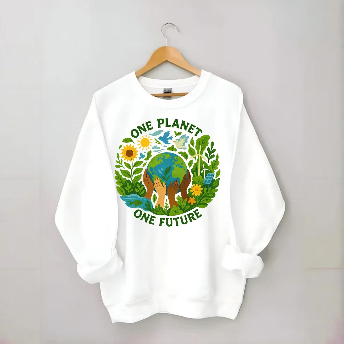 Globe surrounded by hands of all colors working together - "One Planet, One - Crewneck Sweatshirt - white