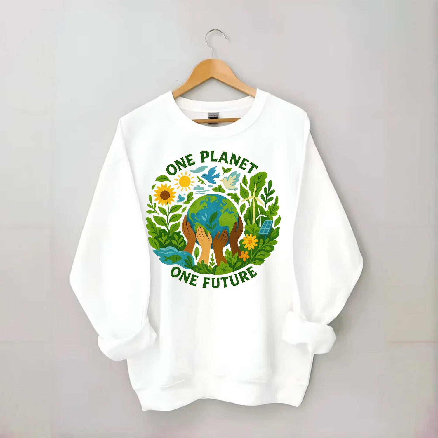 Globe surrounded by hands of all colors working together - "One Planet, One - Crewneck Sweatshirt - white