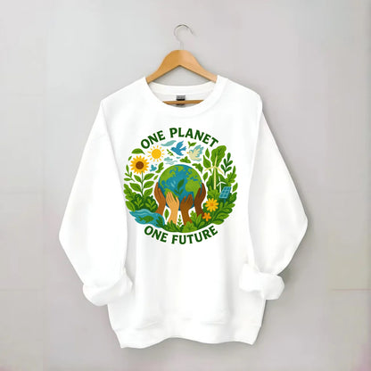 Globe surrounded by hands of all colors working together - "One Planet, One - Crewneck Sweatshirt - white
