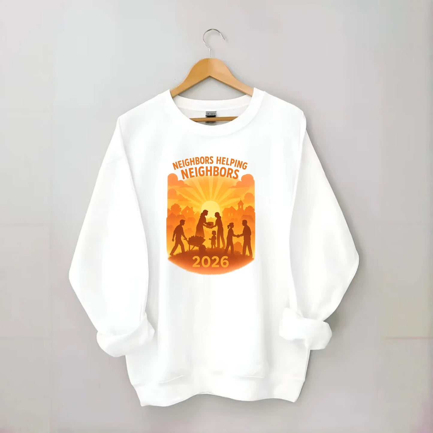 Local communities thriving with shared resources - "Neighbors Helping - Crewneck Sweatshirt - white