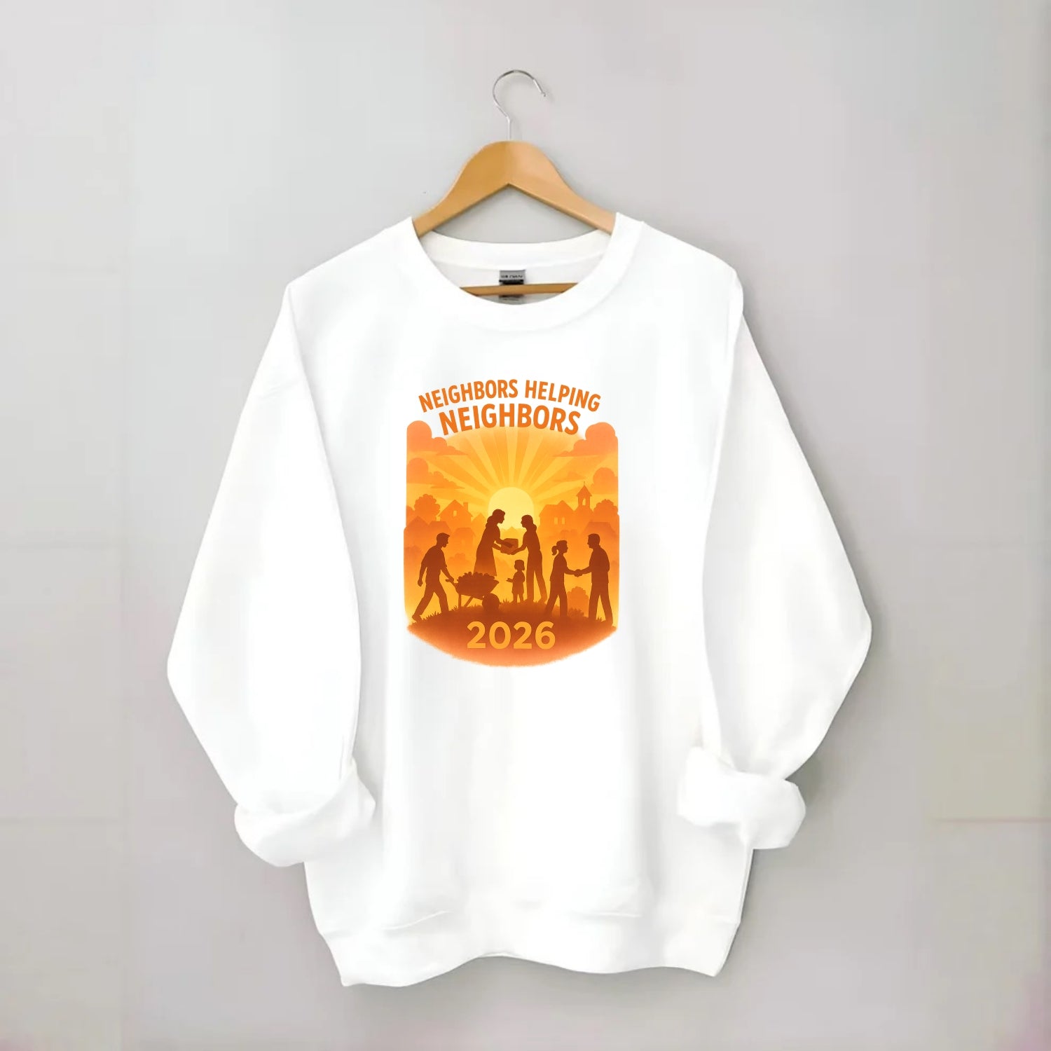 Local communities thriving with shared resources - "Neighbors Helping - Crewneck Sweatshirt - white