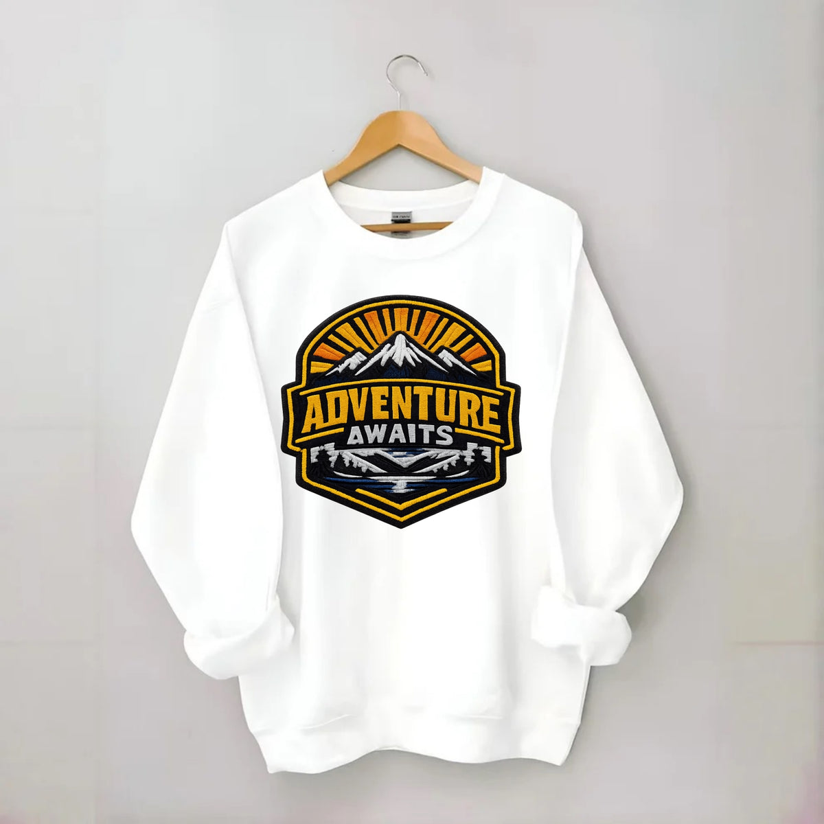 ADVENTURE AWAITS - mountain sunrise with text in gold and blue , wanderlust - Crewneck Sweatshirt - white