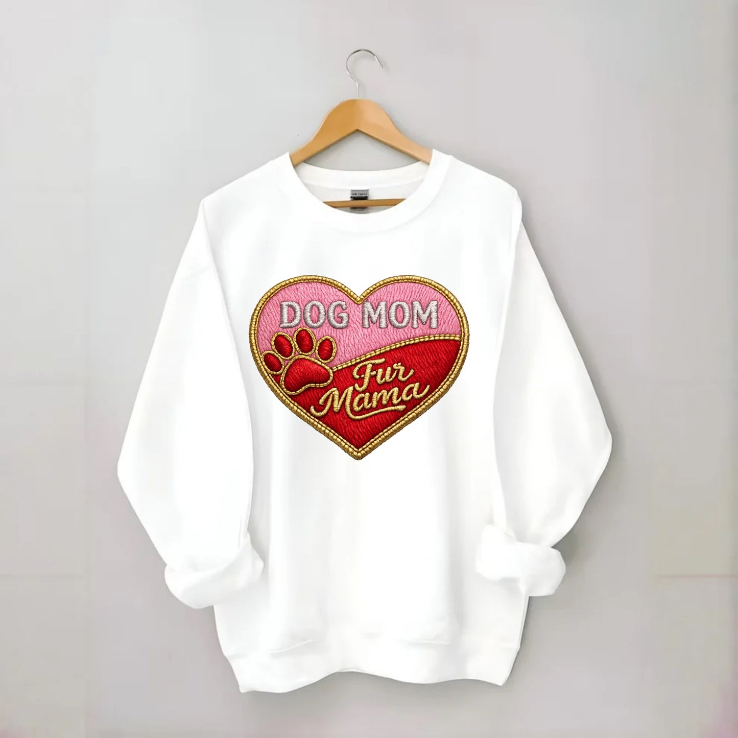 DOG MOM HEART - heart with paw print in pink and red , fur mama - Crewneck Sweatshirt - white