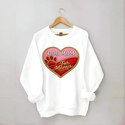 DOG MOM HEART - heart with paw print in pink and red , fur mama - Crewneck Sweatshirt - white