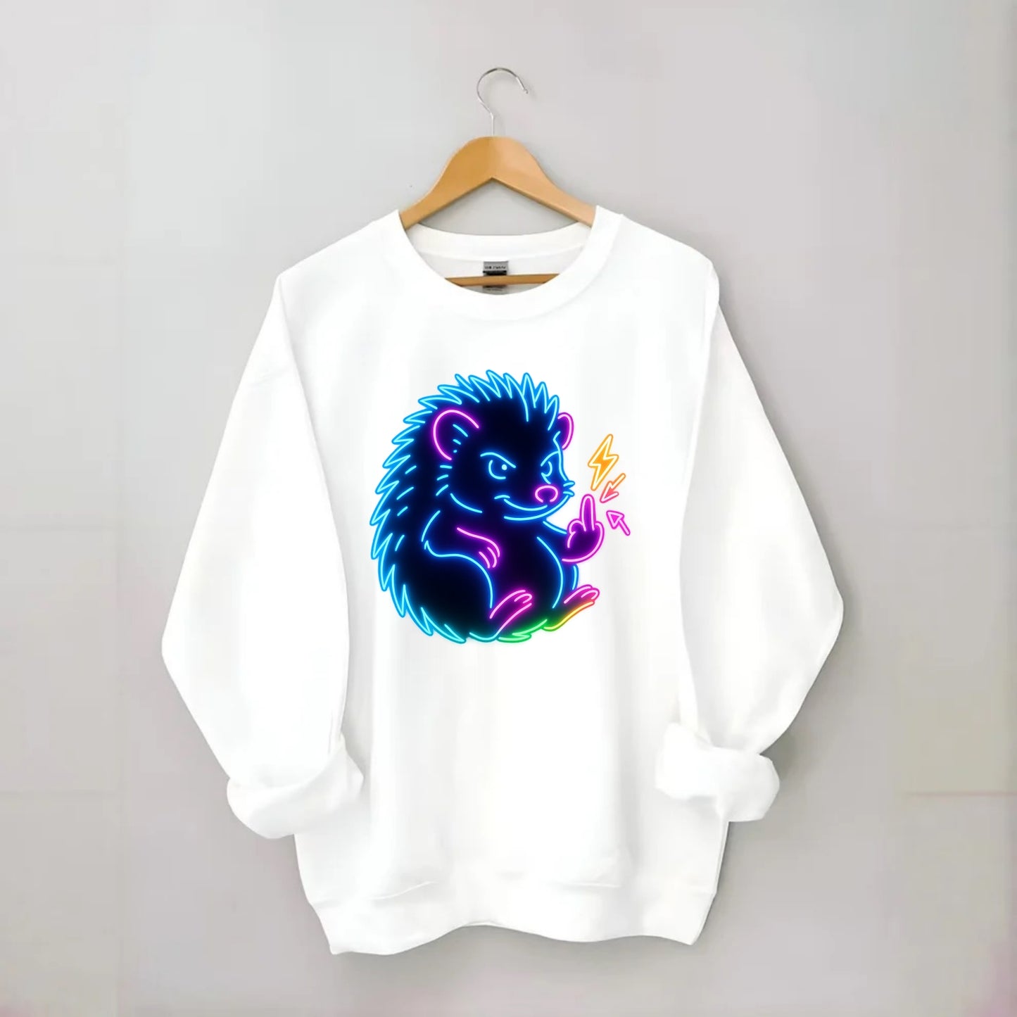 tiny hedgehog curled up slightly, one little paw raised flipping the bird - Crewneck Sweatshirt - white