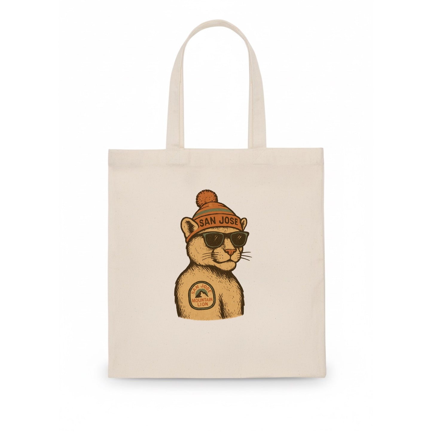 San Jose Mountain Lion wearing San Jose beanie with pom pom and wayfarer sunglasses - Tote Bag - white