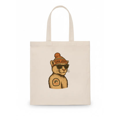 San Jose Mountain Lion wearing San Jose beanie with pom pom and wayfarer sunglasses - Tote Bag - white
