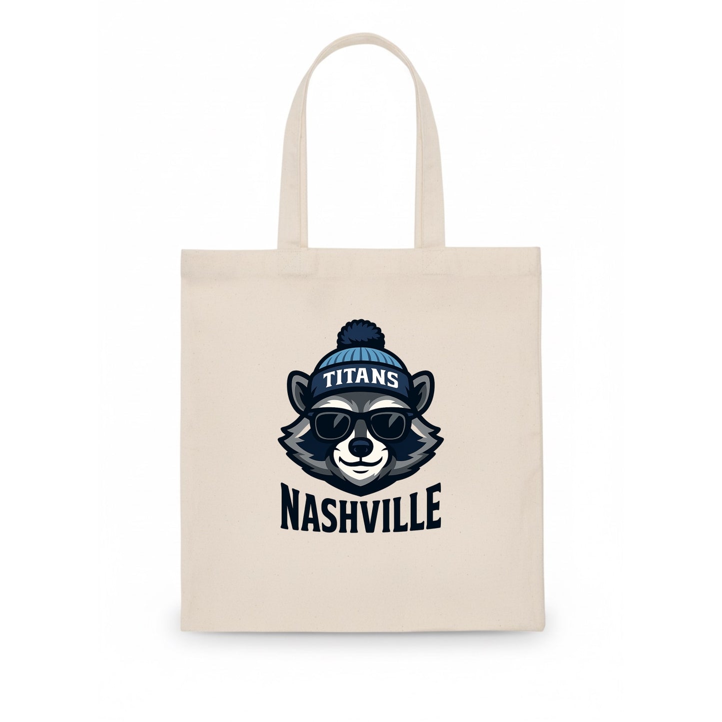 Nashville Raccoon wearing Titans navy and light blue beanie with pom pom and wayfarer - Tote Bag - white