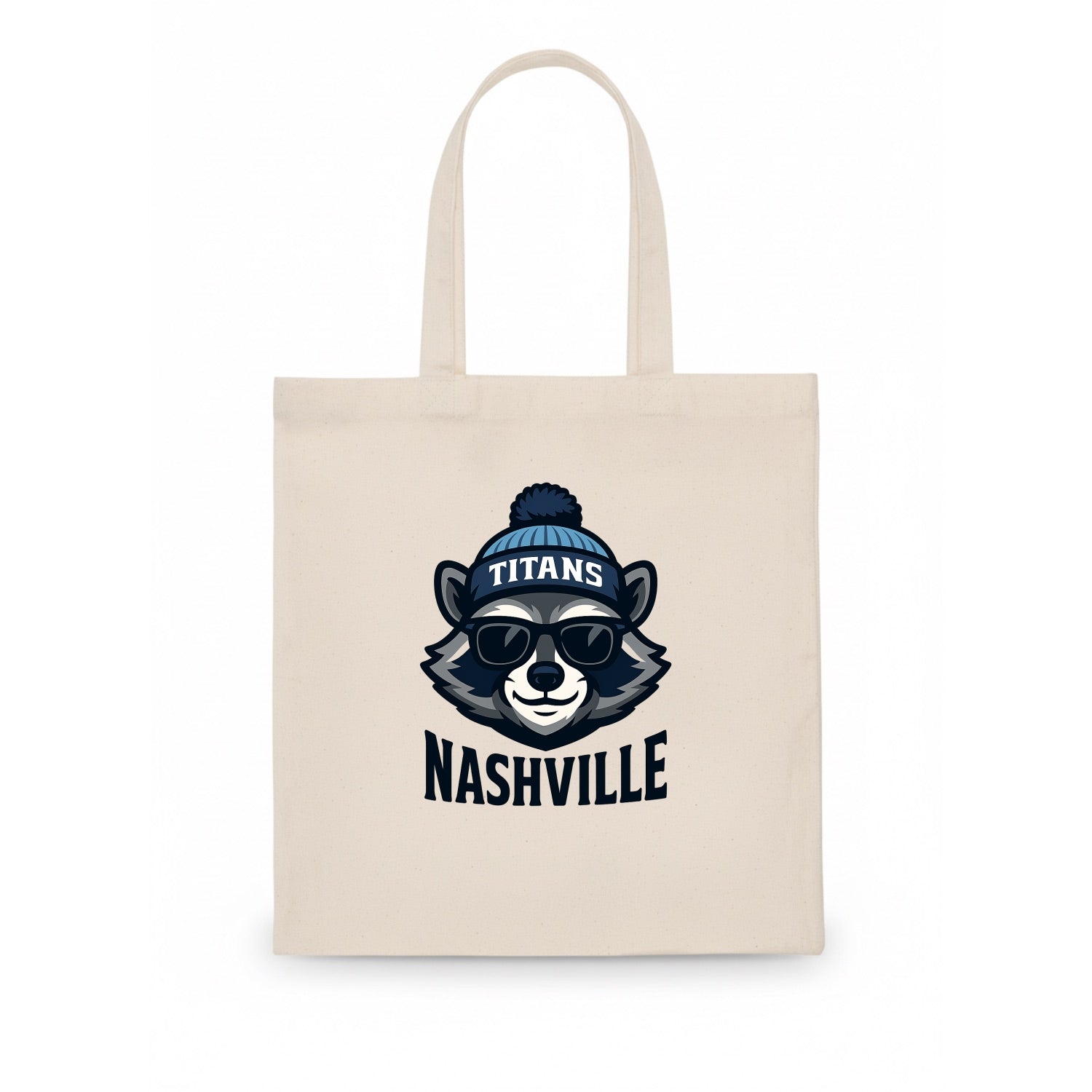 Nashville Raccoon wearing Titans navy and light blue beanie with pom pom and wayfarer - Tote Bag - white