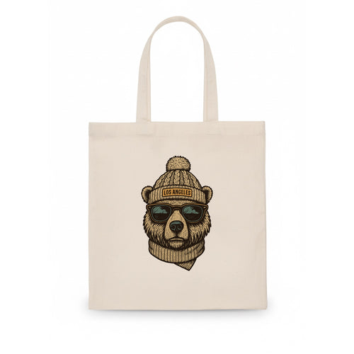 California Grizzly Bear wearing Los Angeles beanie with pom pom and wayfarer sunglasses - Tote Bag
