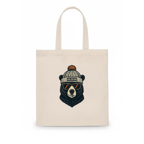 Louisiana Black Bear wearing New Orleans beanie with pom pom and wayfarer sunglasses - Tote Bag
