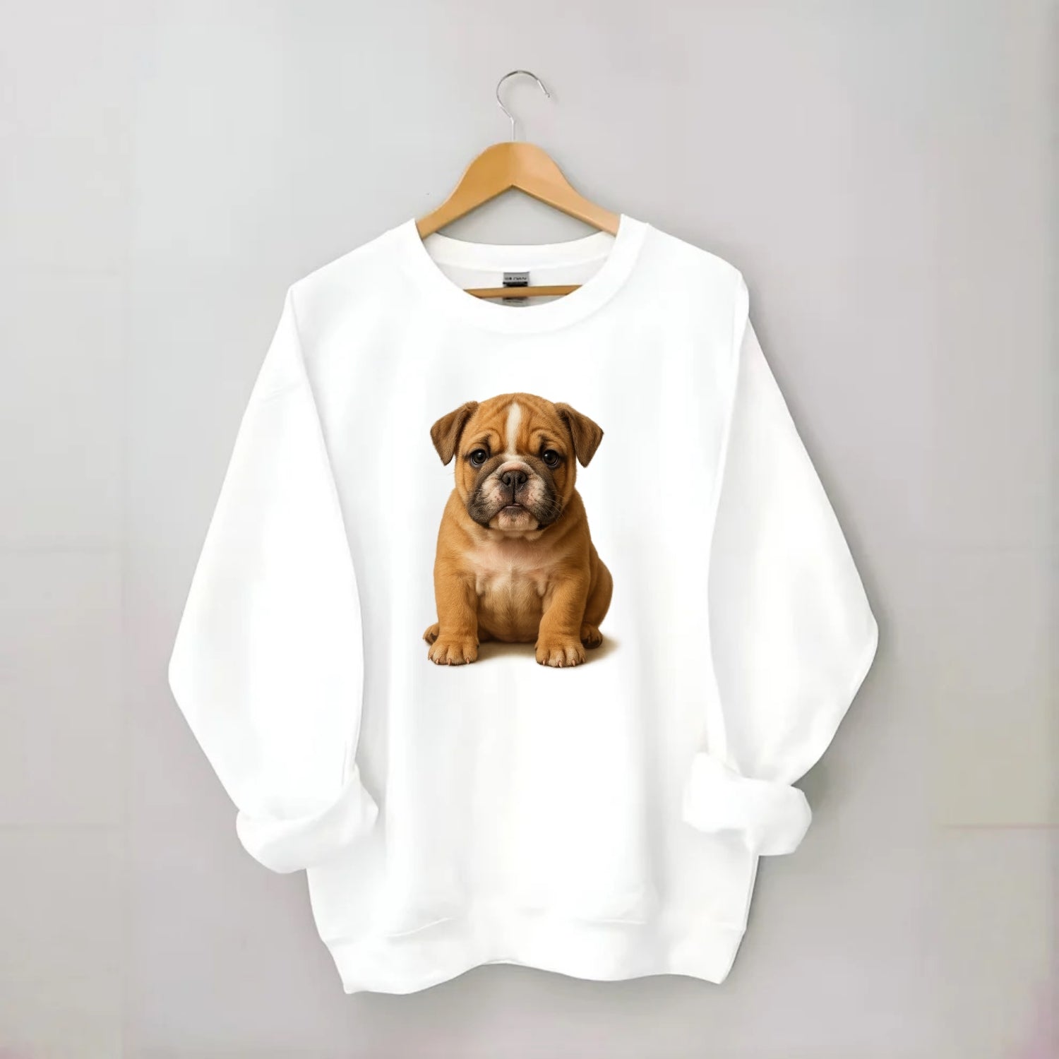 Baby Bulldog Puppy - wrinkly face, underbite, stocky body, gentle eyes, - Crewneck Sweatshirt - white