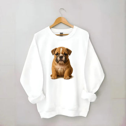 Baby Bulldog Puppy - wrinkly face, underbite, stocky body, gentle eyes, - Crewneck Sweatshirt - white