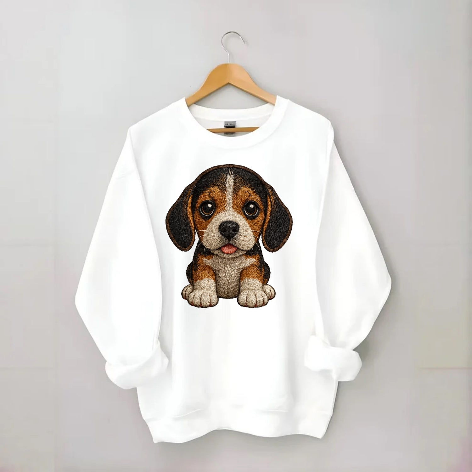 Baby Beagle Puppy - tricolor coat, long droopy ears, big pleading eyes, - Crewneck Sweatshirt - white