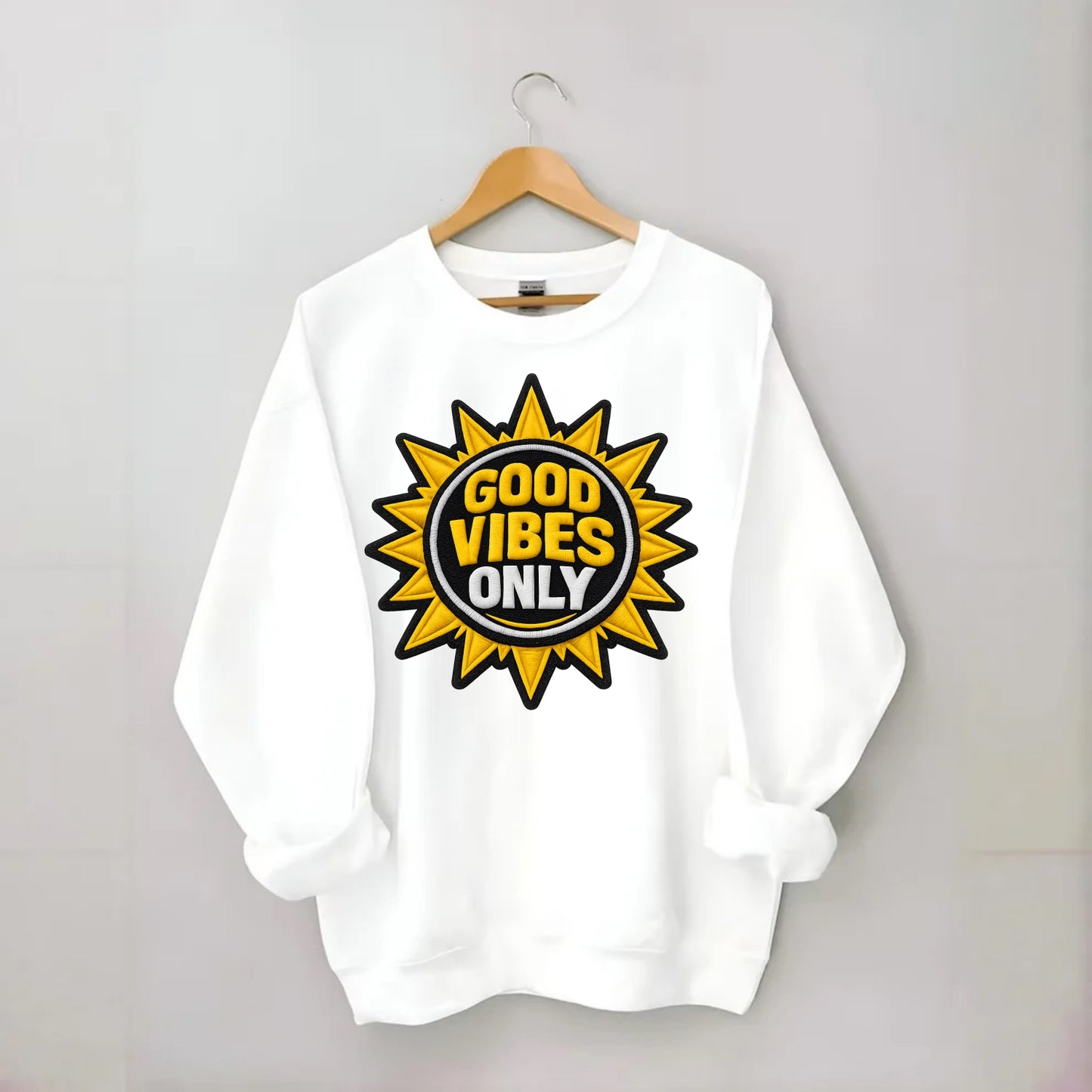 GOOD VIBES ONLY - sun with text in yellow , positive energy - Crewneck Sweatshirt - white