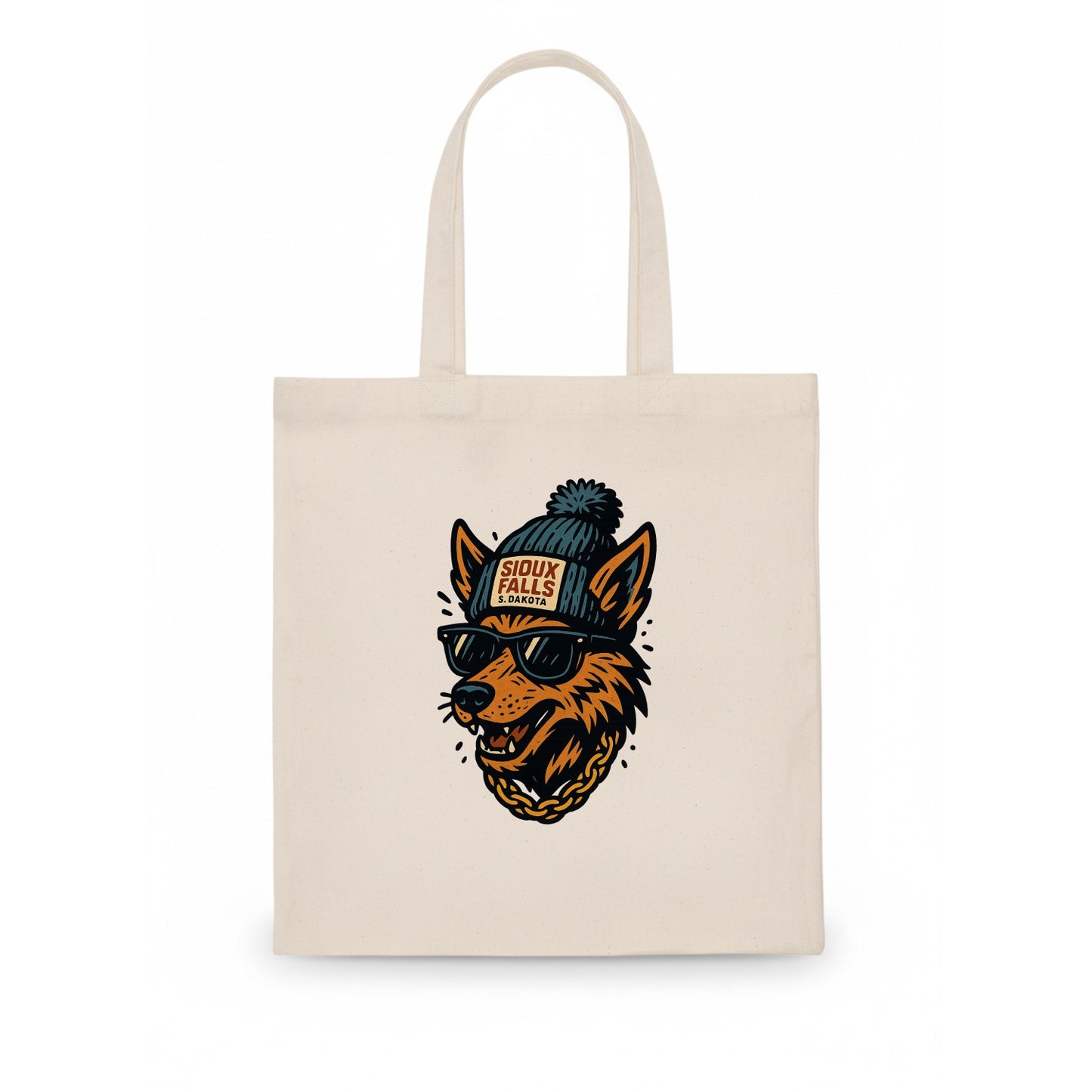 South Dakota Coyote wearing Sioux Falls beanie with pom pom and wayfarer sunglasses - Tote Bag - white