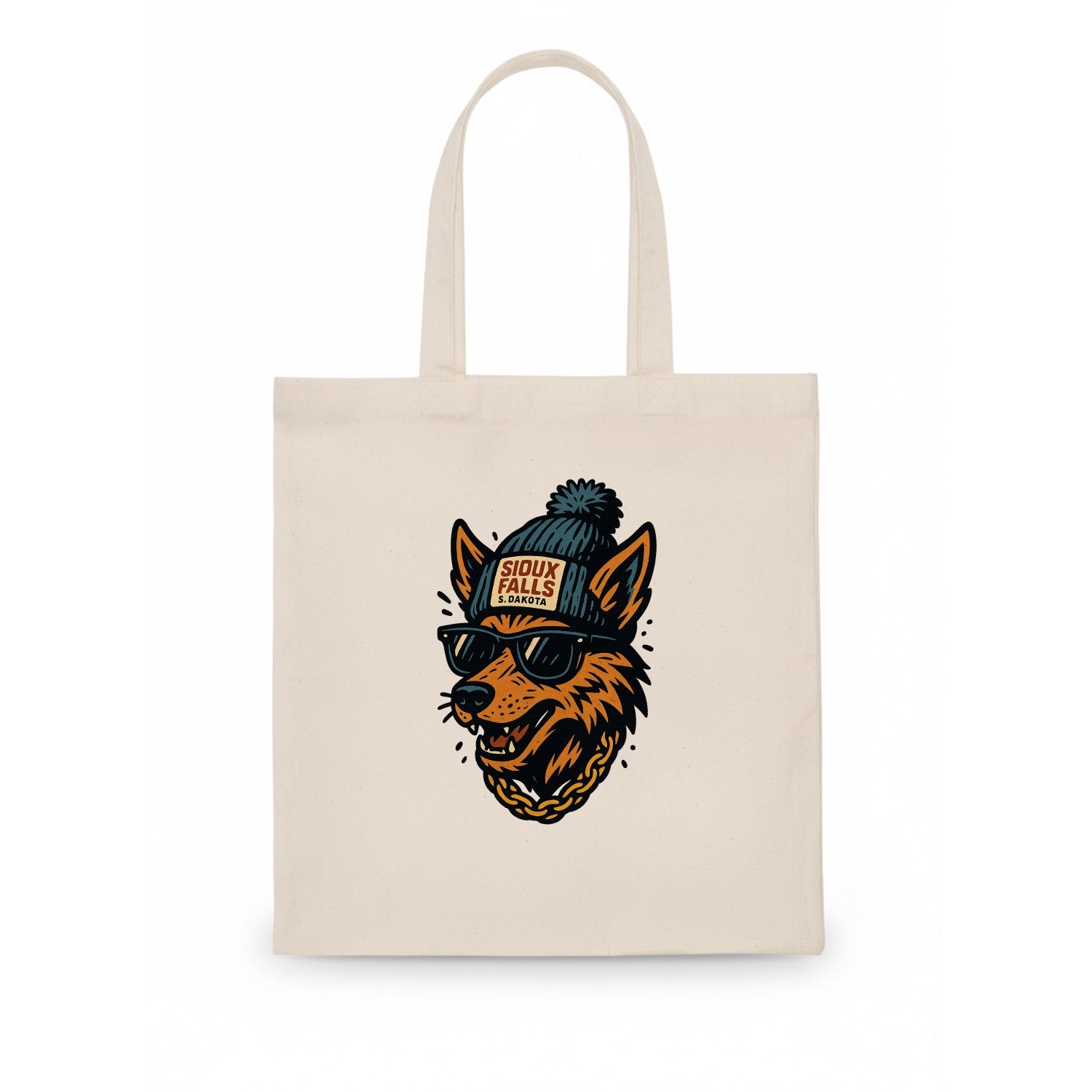South Dakota Coyote wearing Sioux Falls beanie with pom pom and wayfarer sunglasses - Tote Bag - white