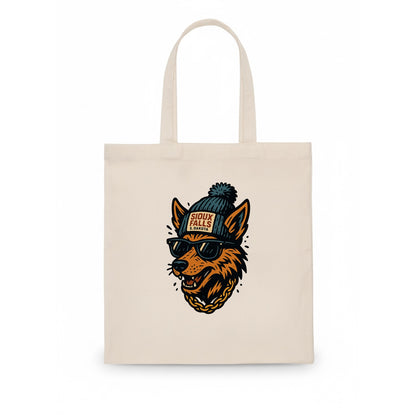 South Dakota Coyote wearing Sioux Falls beanie with pom pom and wayfarer sunglasses - Tote Bag - white