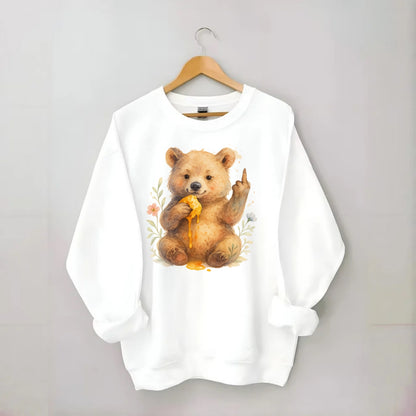 chubby bear cub eating dripping honey, sticky paw up with middle finger - Crewneck Sweatshirt - white