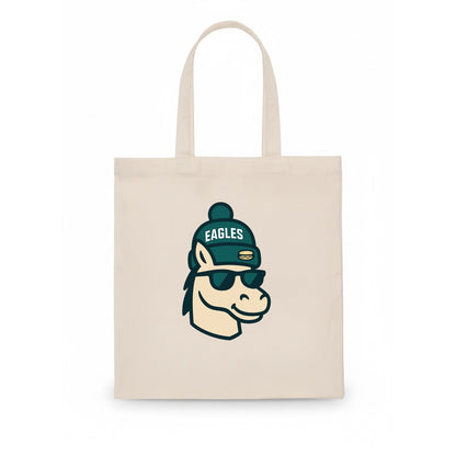 Philadelphia Horse wearing Eagles beanie with cheesesteak patch and wayfarer sunglasses - Tote Bag - white