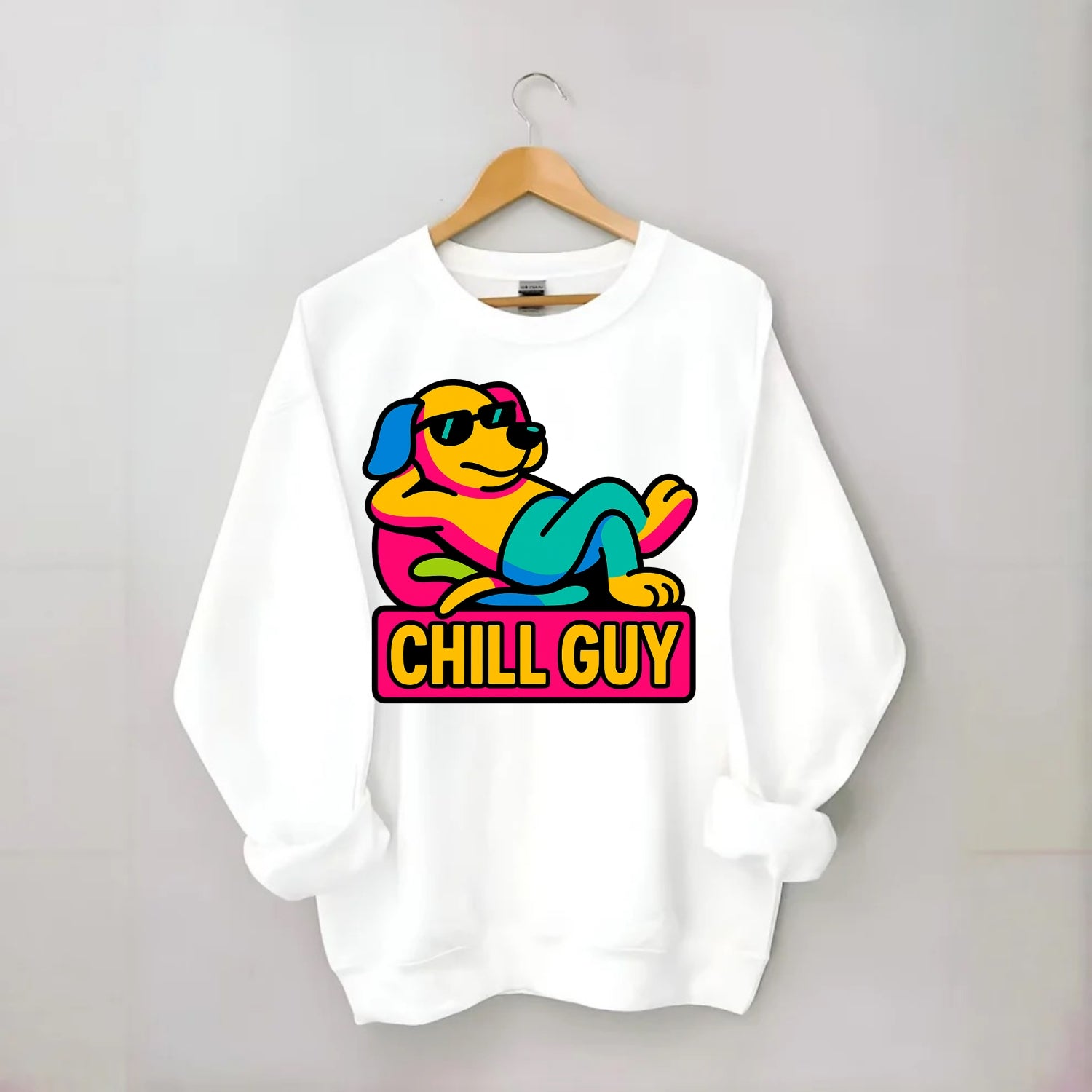 Super relaxed dog character lounging unbothered - "Chill Guy" meme energy, - Crewneck Sweatshirt - white