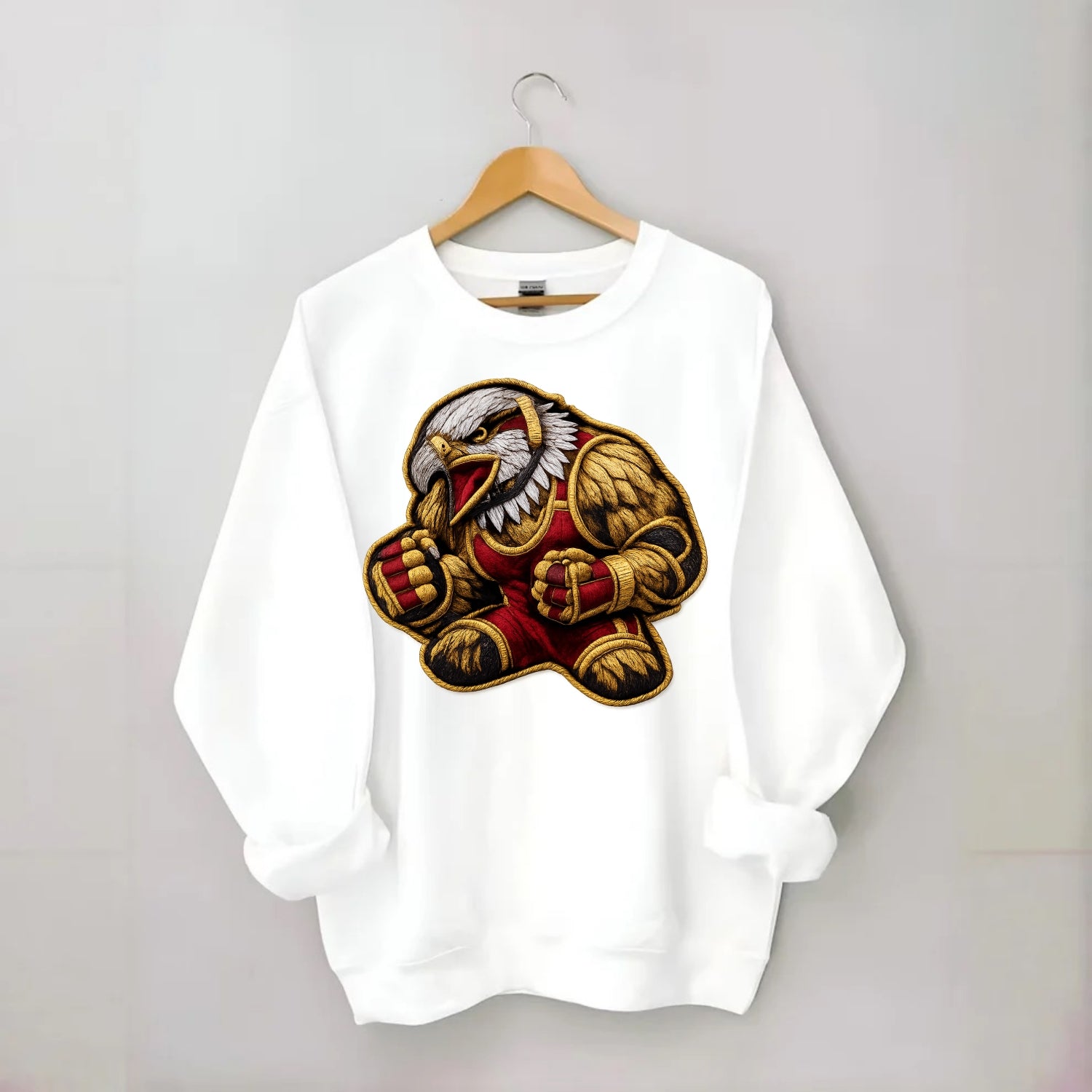 Embroidered patch design - WRESTLING EAGLE - fierce eagle with wrestling - Crewneck Sweatshirt - white