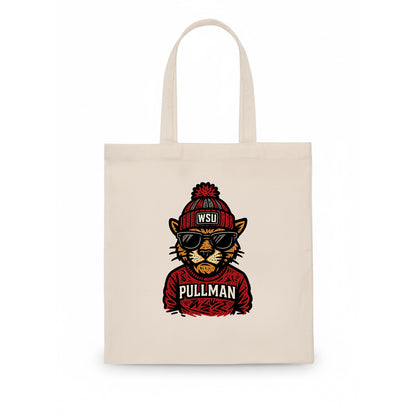 Pullman Cougar wearing Washington State beanie with WSU patch - Tote Bag - white
