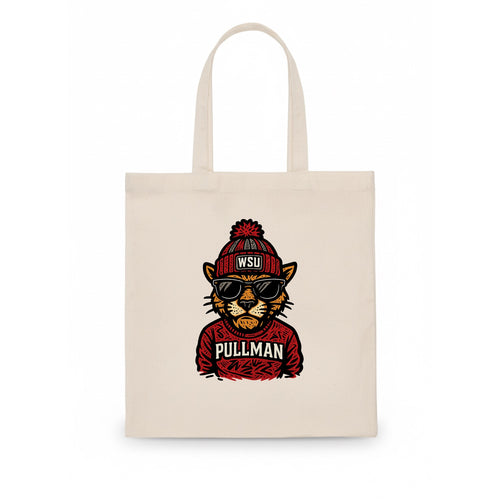 Pullman Cougar wearing Washington State beanie with WSU patch - Tote Bag