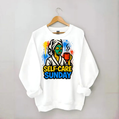 Person in bathrobe with face mask and tea - self-care Sunday ritual, wellness - Crewneck Sweatshirt - white