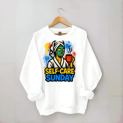 Person in bathrobe with face mask and tea - self-care Sunday ritual, wellness - Crewneck Sweatshirt