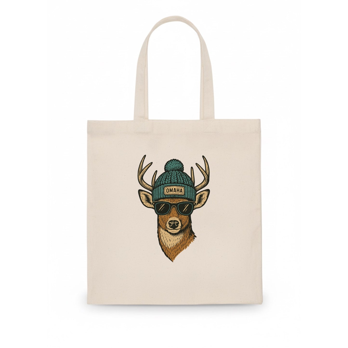 Nebraska White-tailed Deer wearing Omaha beanie with pom pom and wayfarer sunglasses - Tote Bag - white