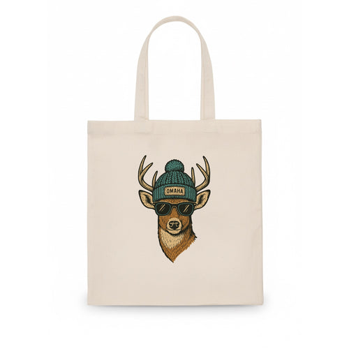 Nebraska White-tailed Deer wearing Omaha beanie with pom pom and wayfarer sunglasses - Tote Bag