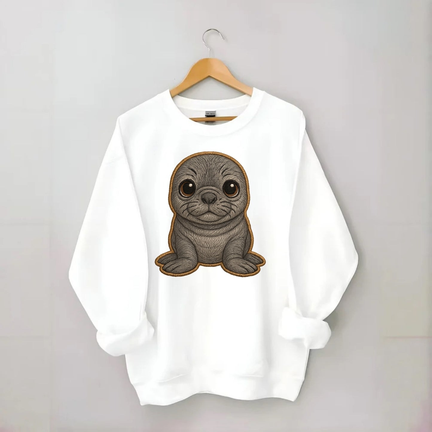 Baby Elephant Seal - gray wrinkly, tiny trunk nose, big dark eyes, - Crewneck Sweatshirt - white