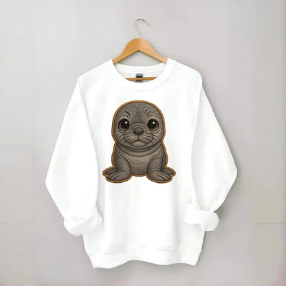 Baby Elephant Seal - gray wrinkly, tiny trunk nose, big dark eyes, - Crewneck Sweatshirt - white