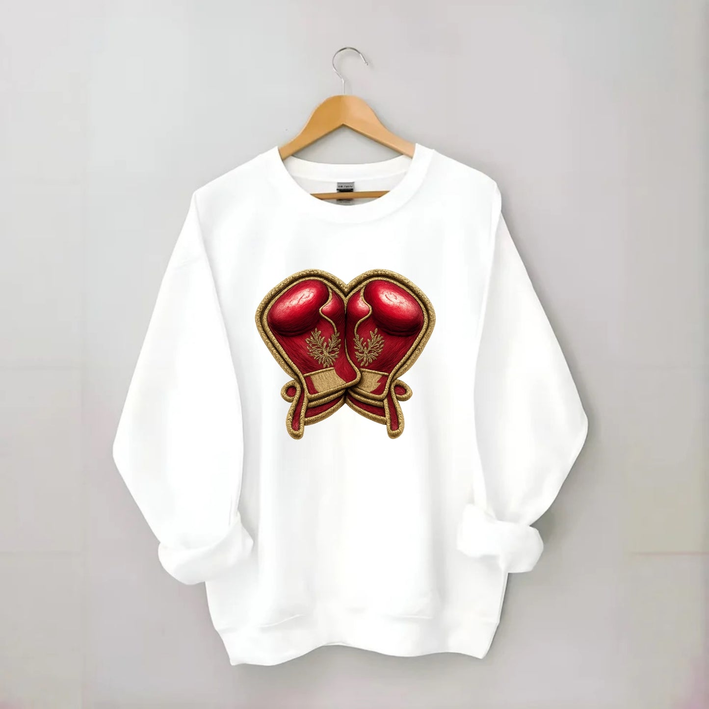 Embroidered patch design - BOXING GLOVES - red boxing gloves crossed in - Crewneck Sweatshirt - white
