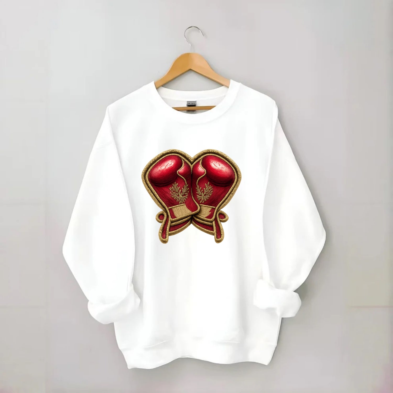 Embroidered patch design - BOXING GLOVES - red boxing gloves crossed in - Crewneck Sweatshirt - white