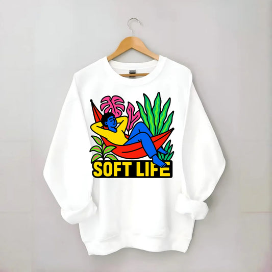 Person relaxing in hammock with plants - "soft life" aesthetic, peaceful - Crewneck Sweatshirt - white