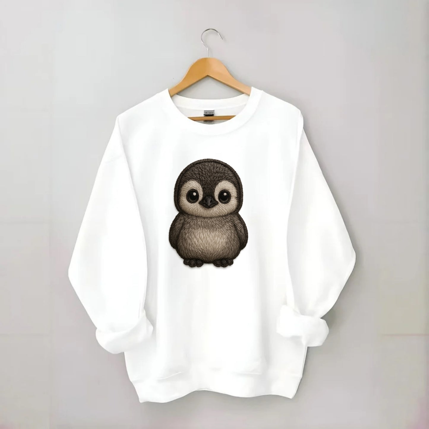 Baby Penguin Chick - gray fluffy, white face, round body, front-facing, - Crewneck Sweatshirt - white