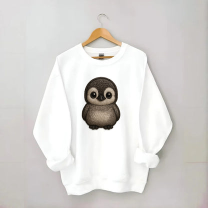 Baby Penguin Chick - gray fluffy, white face, round body, front-facing, - Crewneck Sweatshirt - white