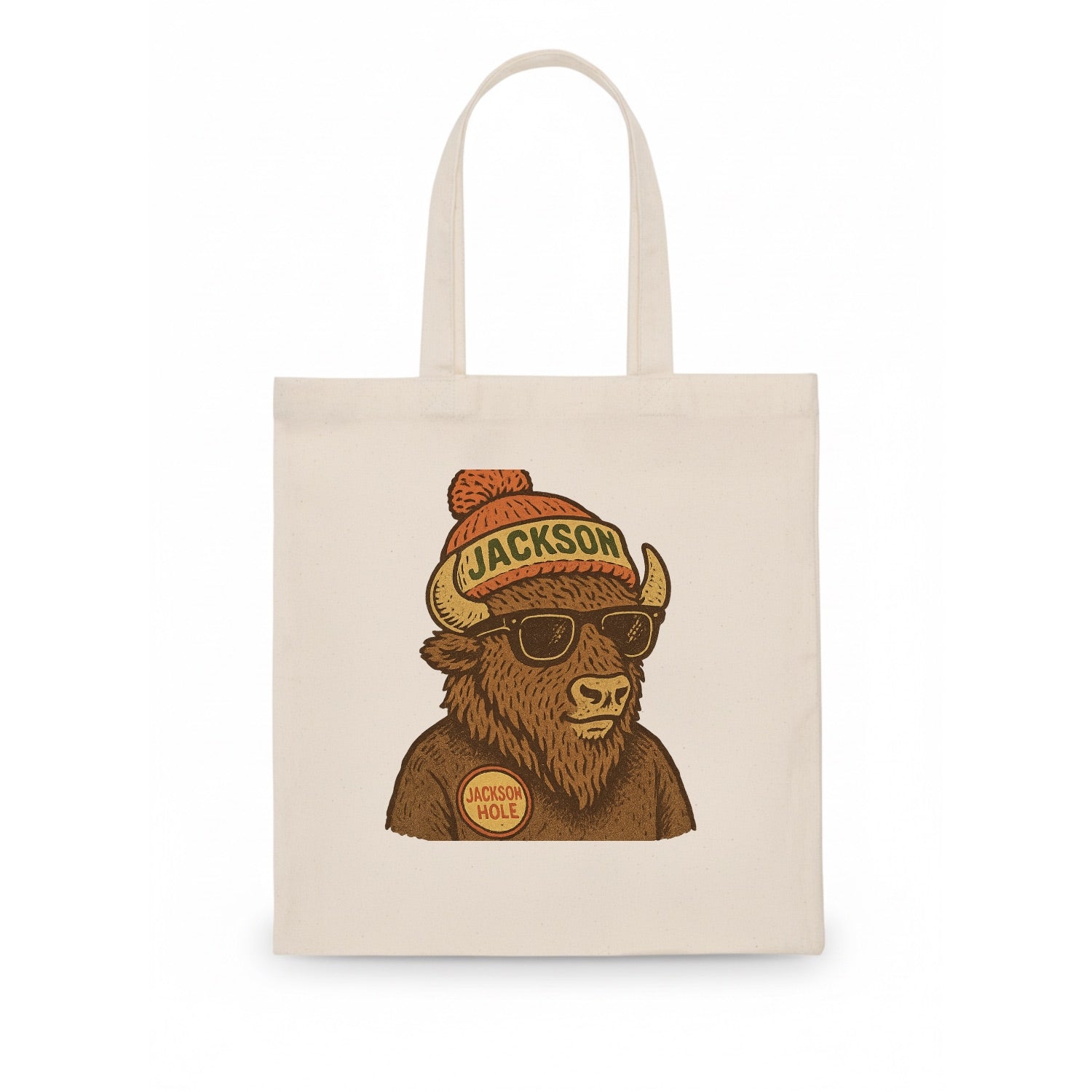 Jackson Hole Bison wearing Jackson beanie with pom pom and wayfarer sunglasses - Tote Bag - white