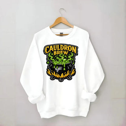 CAULDRON BREW - bubbling pot in black and green , witch craft - Crewneck Sweatshirt - white