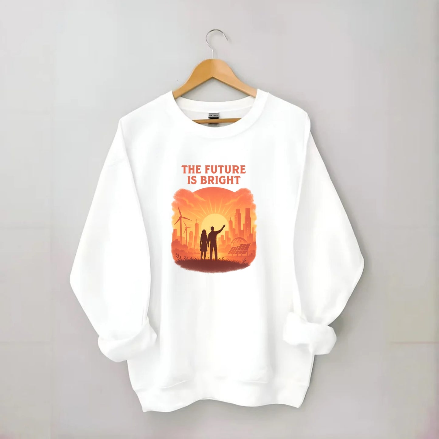 Sunrise over thriving sustainable city - "The Future is Bright" - optimistic - Crewneck Sweatshirt - white