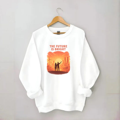 Sunrise over thriving sustainable city - "The Future is Bright" - optimistic - Crewneck Sweatshirt - white