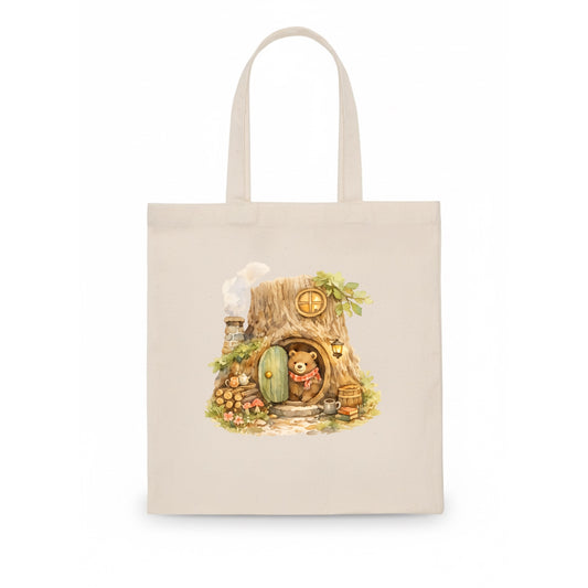 TREE HOME | Bear's home in hollow tree | Round door | Chimney smoke | Woodland dwelling - Tote Bag - white