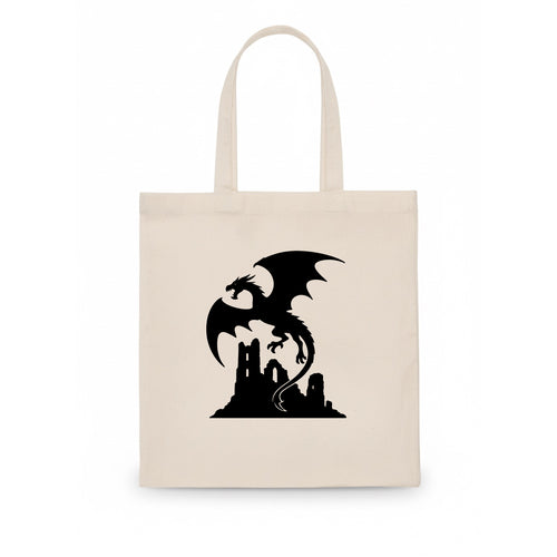 Dragon flying over castle ruins - Tote Bag