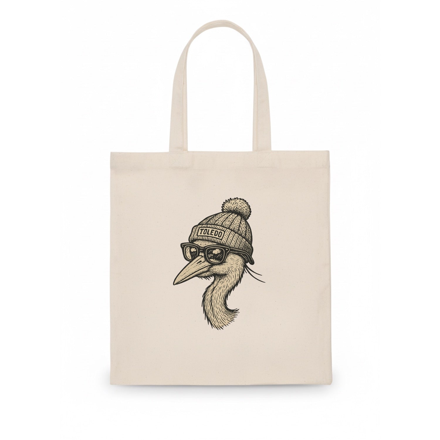 Toledo Great Blue Heron wearing Toledo beanie with pom pom and wayfarer sunglasses - Tote Bag - white