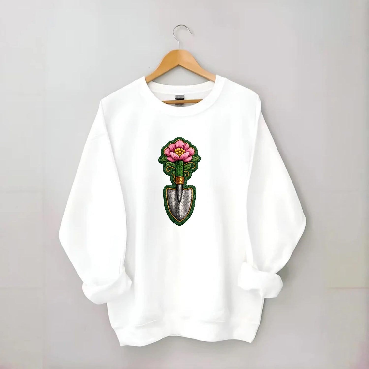 Embroidered patch design - GARDENING TROWEL FLOWER - garden tool with - Crewneck Sweatshirt - white