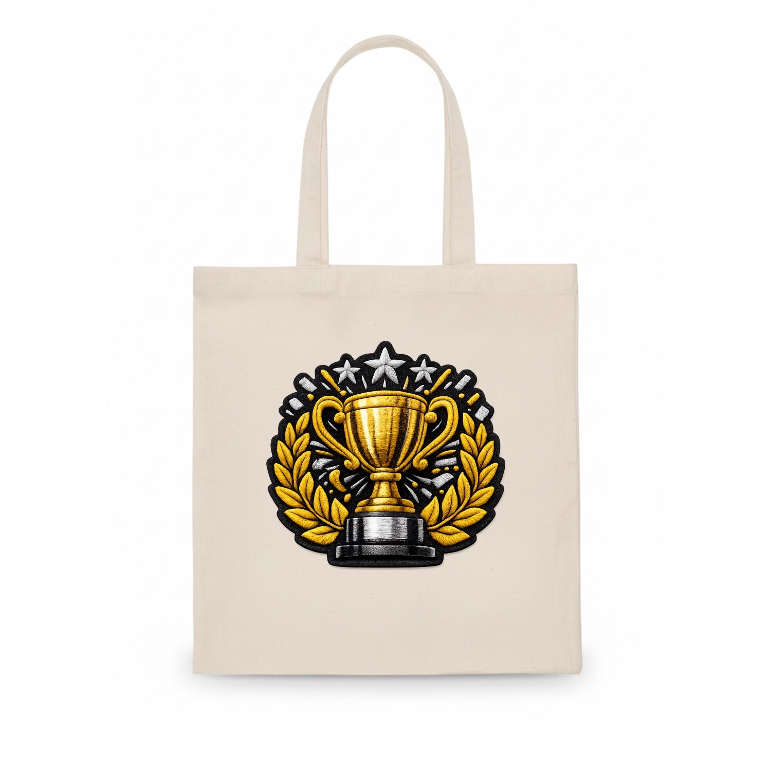 Embroidered patch design - CHAMPIONSHIP TROPHY - golden trophy cup with laurels in gold - Tote Bag - white